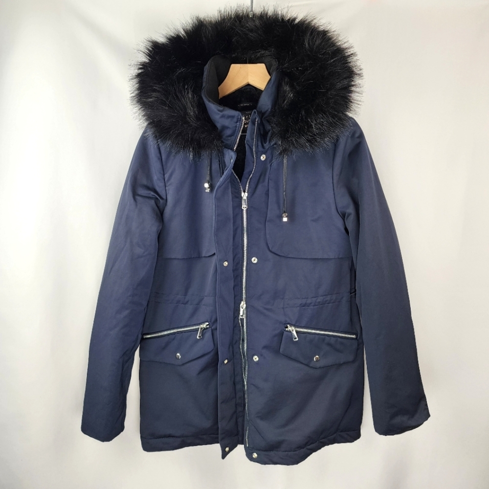 Zara Outerwear Women's Navy Blue Faux Fur Trim Winter Coat Size XS